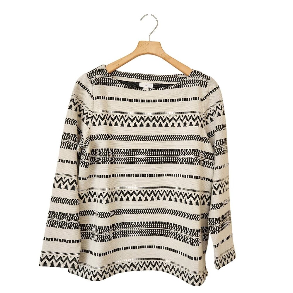 J Jill Black White Textured Knit Boatneck Striped Sweater Fall Cabin Scandi - Picture 1 of 8